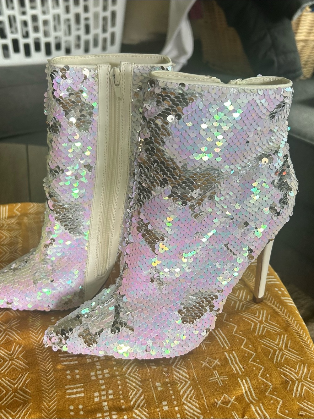 Iridescent Sequin Ankle Booties in White Wedding - Glamorous Evening Heel